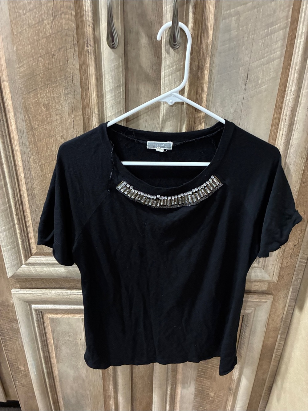 Express Black Short Sleeve Tee with Metallic Bead Neckline